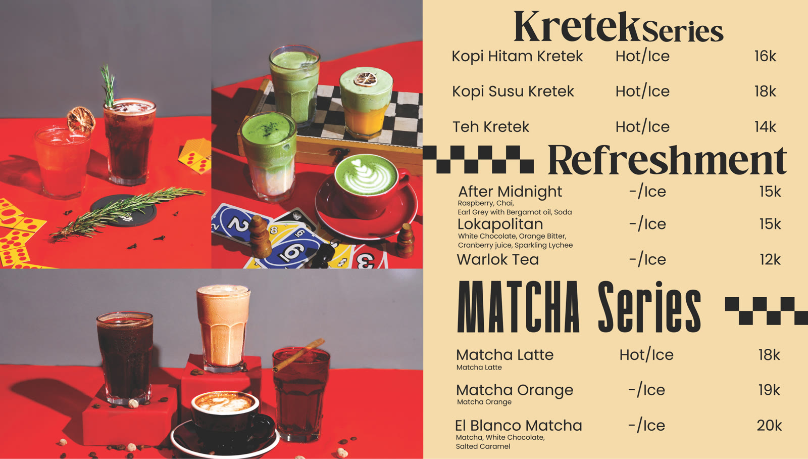 Papan menu Diloka Kopi untuk Kretek Series, Refreshment, dan Matcha Series